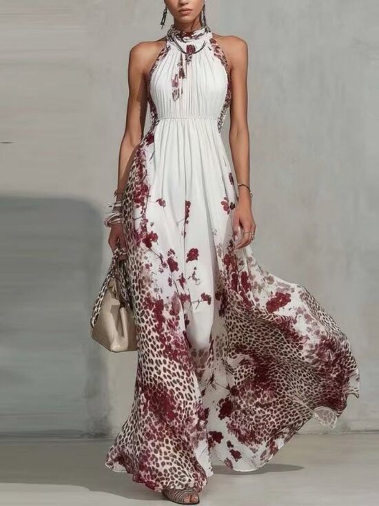 Zimmermann Dresses & Skirts - Zimmermann Bohemian Halter Maxi Dress in White with Burgundy Floral & Leopard